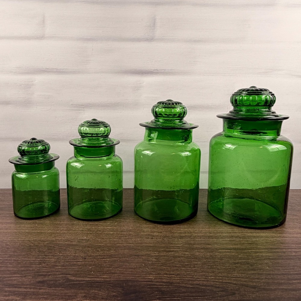 Takahashi Green Glass Apothecary Canister Jars Set of 4 Japan Vintage
